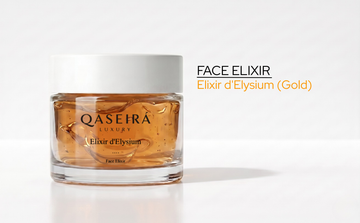 A glass jar of Qaseira Elixir d'Elysium Gold, an anti-aging face elixir gel formulated with micro-colloidal gold for cellular skin longevity.